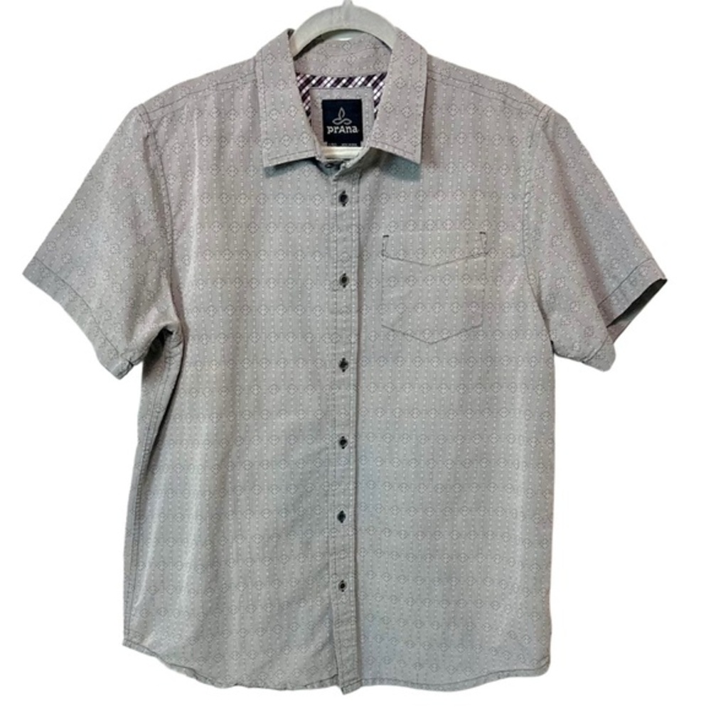 PrAna Silver Gray Voyage Short Sleeve Button Down Shirt Men's Sz L‎